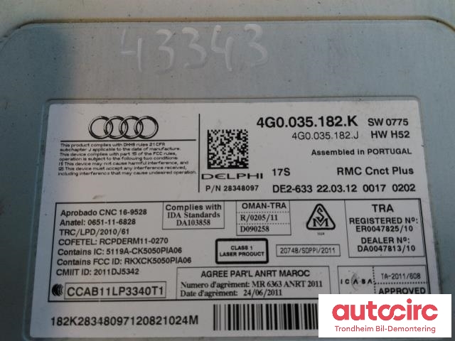 Bilstereo til Audi A6 2011-2014 (Type IV, Fase 1) (C7) (C7) (DELPHI|4G0035182K|4G0035182J|4G0035182L)