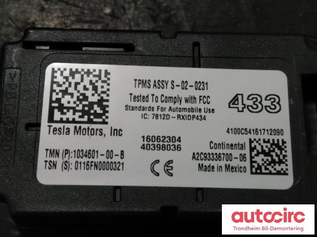 Sensor dekktrykk til Tesla Model X 2016-->> (CONTINENTAL|1034601-00-B|A2C93336700-06|40398036)