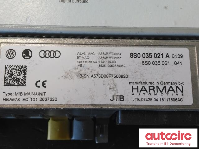 Bilstereo navigasjon til Audi TT 2015-->> (Type III)  (HARMAN AUTOMOTIVE|8S0035021A|8S0035021|)