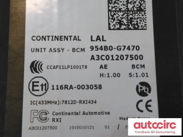 Styreenhet comfort (BCM) til Hyundai Ioniq Electric 2019-->> (Fase 2) (CONTINENTAL|954B0G7840|954B0-G7470|A3C01207500)
