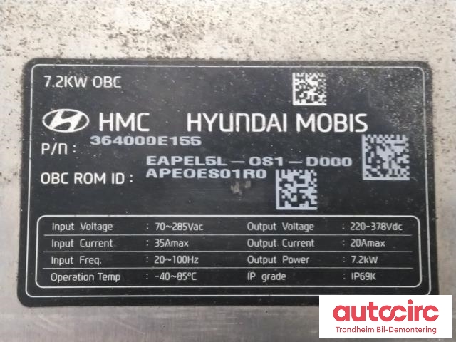 Batterilader (OBC - On Board Charger) til Hyundai Ioniq Electric 2019-->> (Fase 2)  (MOBIS|364000E055|36400-0E055|36400-0E155)