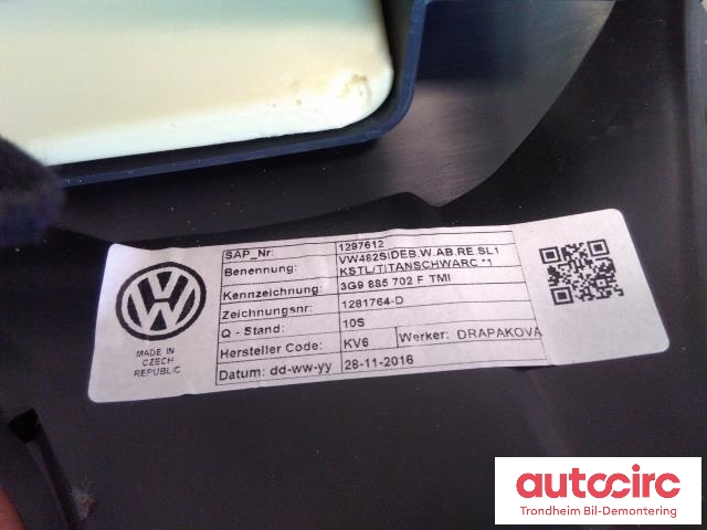 Airbag sidepute høyre til VW Passat 2015-2019 (Fase 1) (B8) (B8) (BAK|3G0880442E|3G9885704A|3G9885702D)