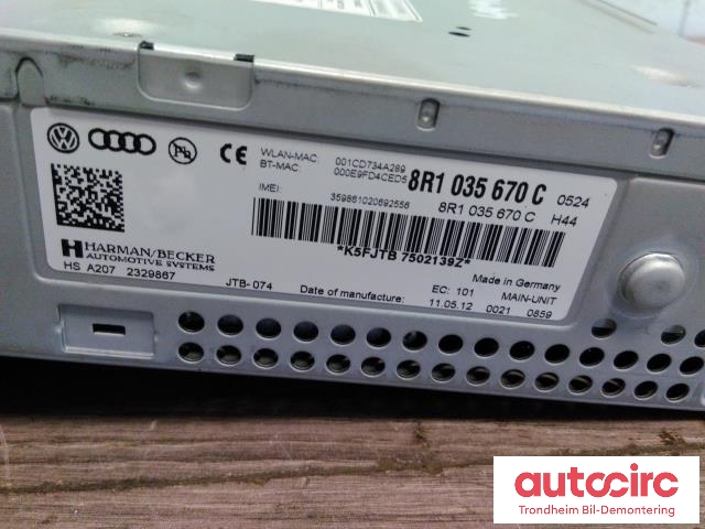 Bilstereo navigasjon til Audi RS5 2010-2014  (HARMAN/BECKER|8R1035670C|)
