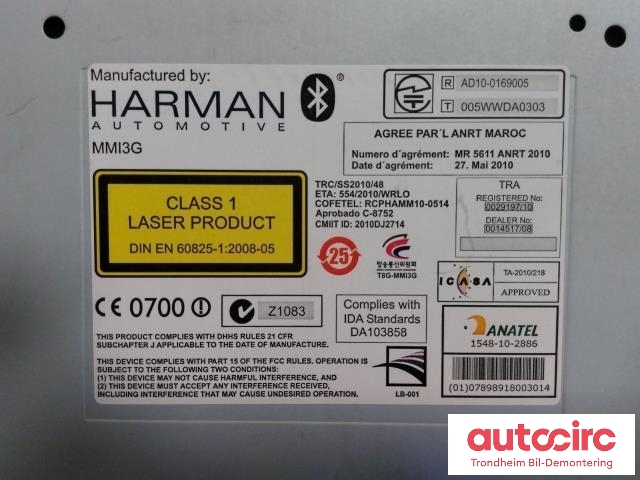Bilstereo navigasjon til Audi RS5 2010-2014  (HARMAN/BECKER|8R1035670C|)