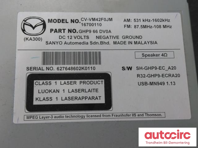 Bilstereo navigasjon til Mazda 6 2013-2015 (Type III, Fase 1)  (SANYO AUTOMEDIA|GHP9-66-DV0A|GHP966DV0A|CV-VM42F0JM)