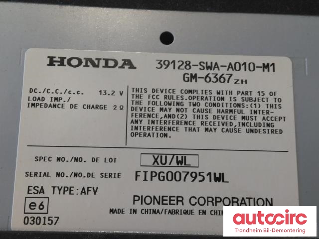 Bilstereo forsterker til Honda CR-V 2007-2012 (Type III)  (PIONEER|39128-SWA-A010-M1|39128-SWA-A01|39128SWAA01)
