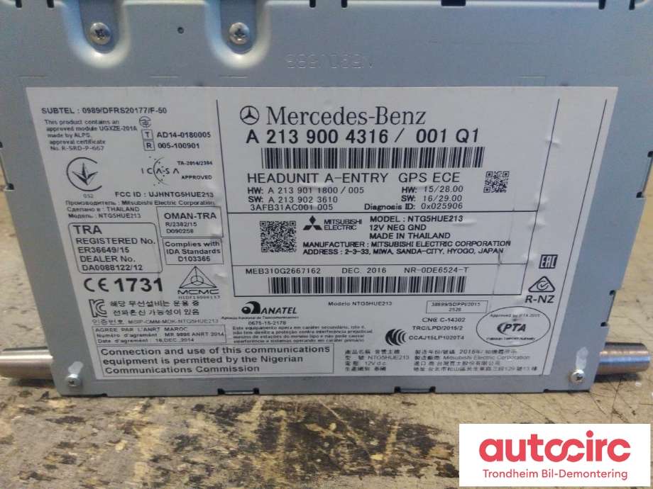 Bilstereo navigasjon til Mercedes E-Klasse 2016-2023 (W213) (W213) (...|A2139004316|A2139002120|)