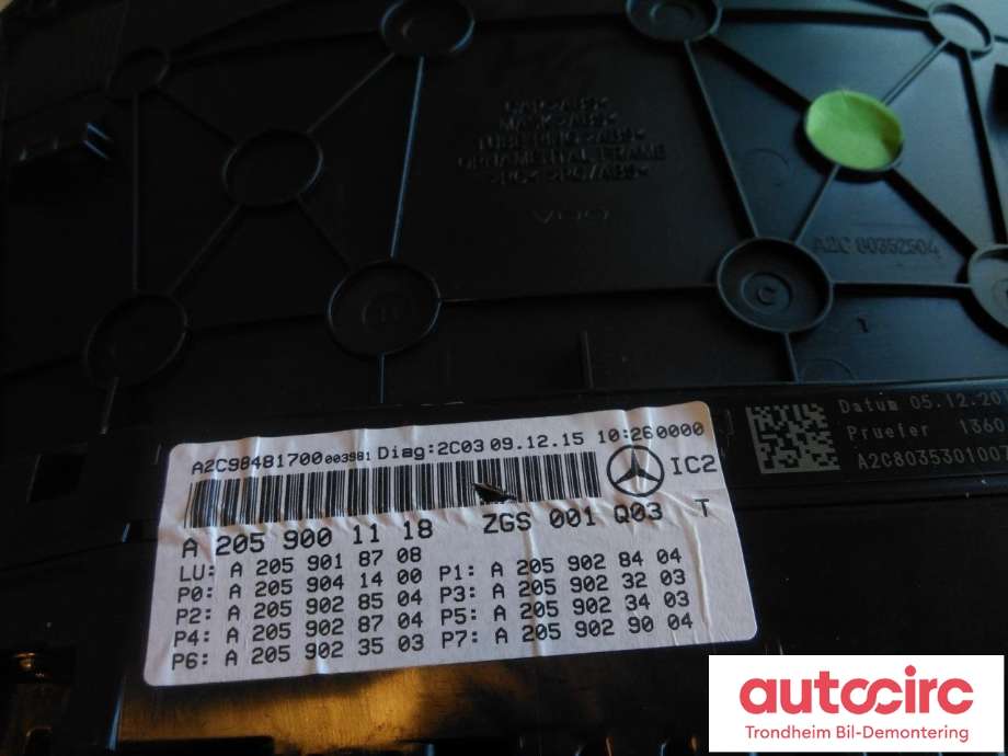 Instrumentpanel til Mercedes C-Klasse 2014-2018 (Fase 1) (W205) (W205) (VDO|A2059001118|A2C98481700|A 205 900 11 18)