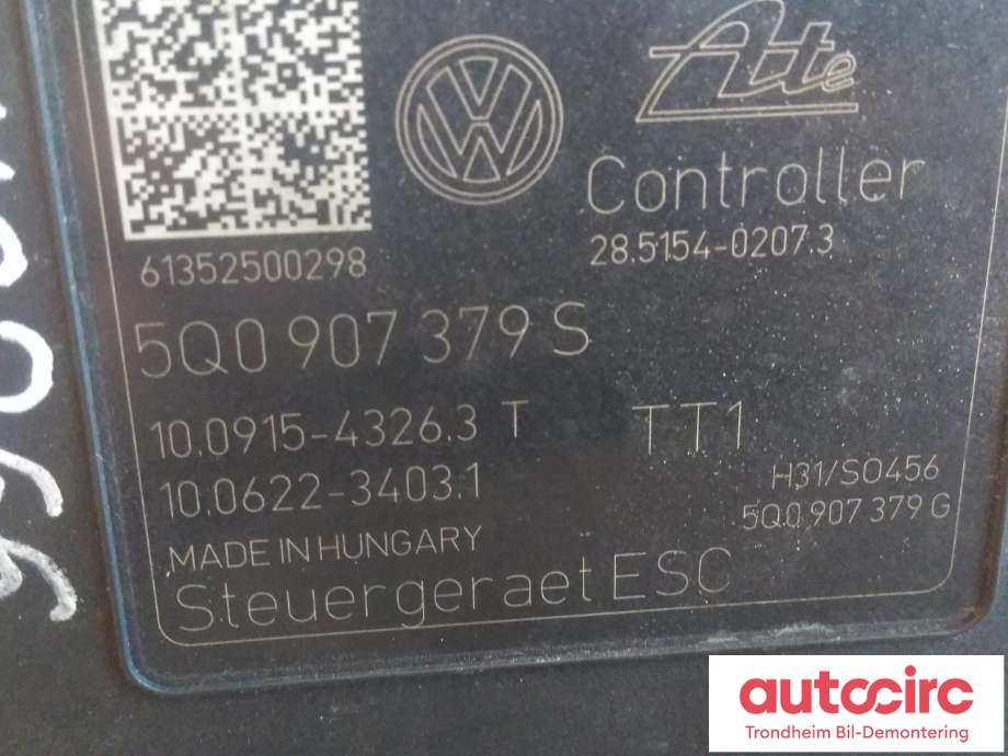 ABS sentral til Audi A3 2012-2016 (Type III, Fase 1)  (..|5Q0614517R|5Q0907379S|5Q0614517T| 10.0220-0293.4| 10.0915-4326.3| 10.0622-3403.1)