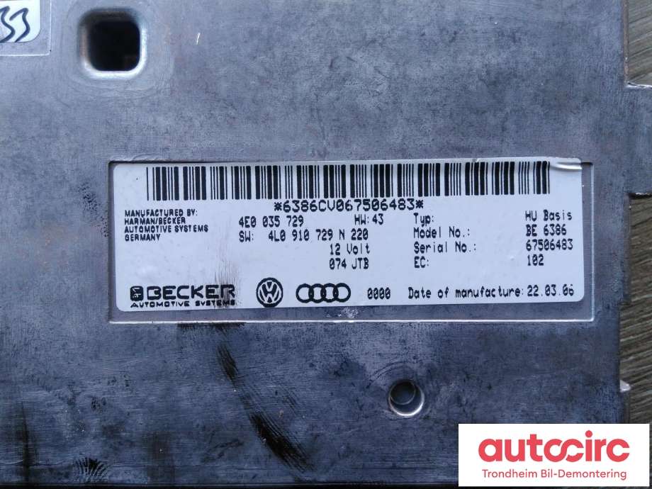 Bilstereo diverse til Audi Q7 2006-2010 (Type I, Fase 1)  (BECKER AUTOMOTIVE|4E0035729|4L0910729NX|4L1910732GX)