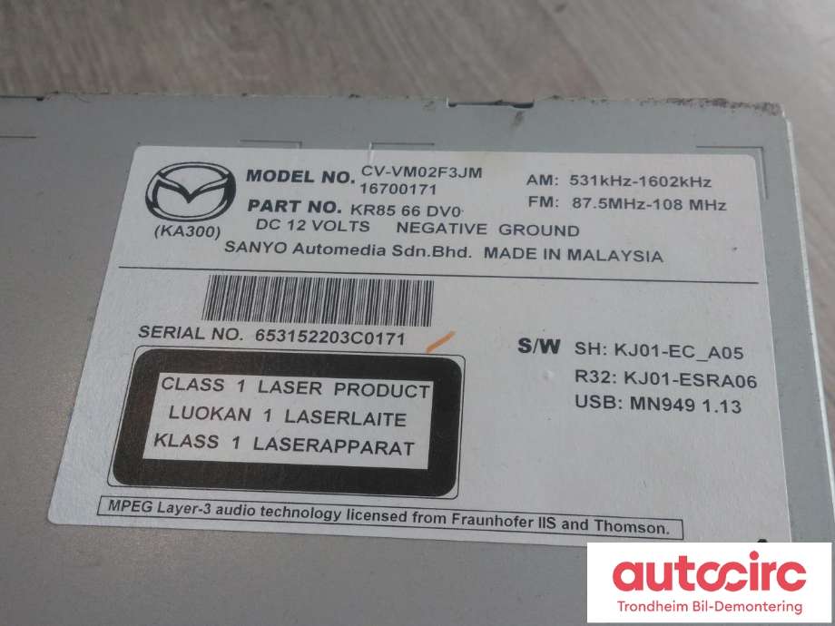 Bilstereo navigasjon til Mazda CX-5 2012-2017 (Type I)  (SANYO AUTOMEDIA|KR8566DV0|CV-VM02F3JM|KR85-66-DV0)
