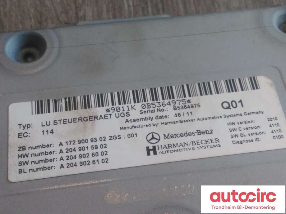 Bilstereo diverse til Mercedes C-Klasse, Coupe/Cab 2011-2015 (C204) (C204) (HARMAN BECKER|A1729009302|A2049015902|)