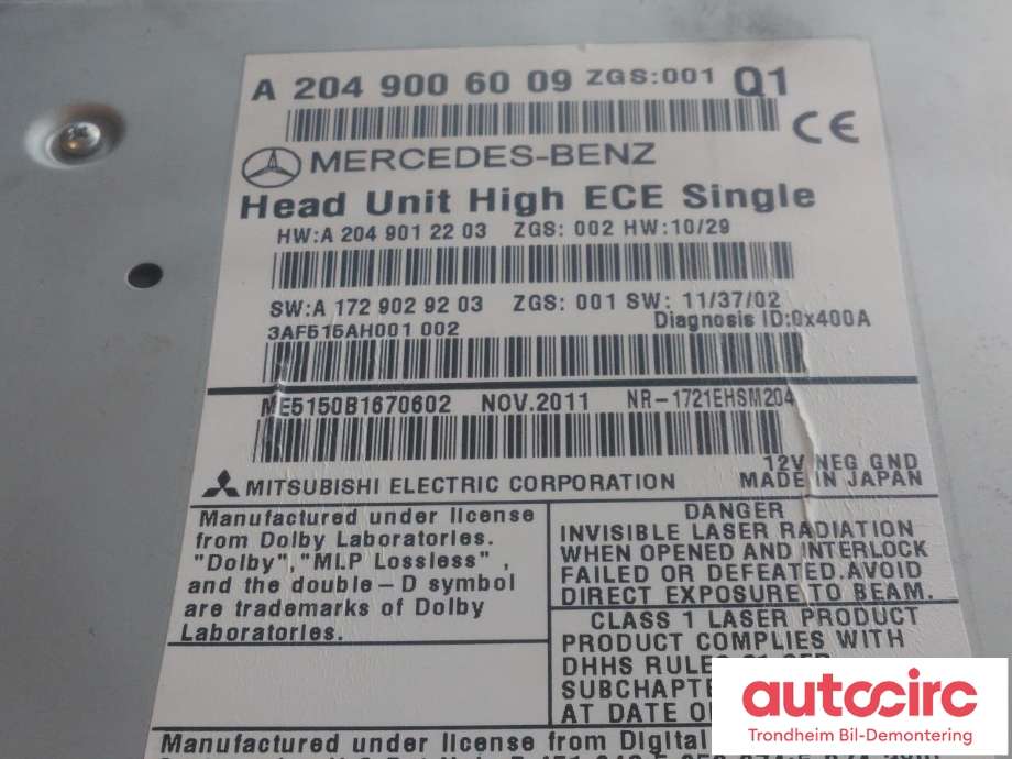 Bilstereo navigasjon til Mercedes C-Klasse, Coupe/Cab 2011-2015 (C204) (C204) (MITSUBISHI ELECTRIC|A2049006009|NR-1721EHSM204|A2049006909)