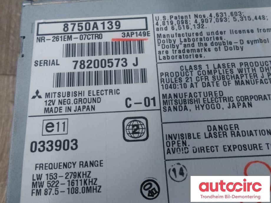 Bilstereo navigasjon til Citroën C-Crosser 2007-2012  (MITSUBISHI ELECTRIC|1608124480|6574P0|8750A139| NR-261EM-07CTRO)