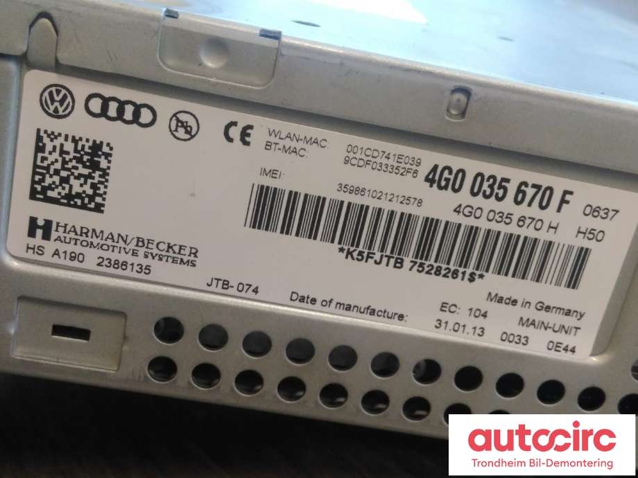 Bilstereo navigasjon spiller til Audi RS6 2013-2018  (HARMAN BECKER|4G0035670F|4G0035670H|JTB-074)