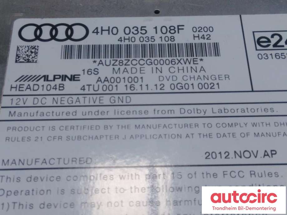 Bilstereo diverse til Audi RS6 2013-2018 (ALPINE DVD CHANGER|4H0035108F|4H0 035 108 F|HEAD104B)