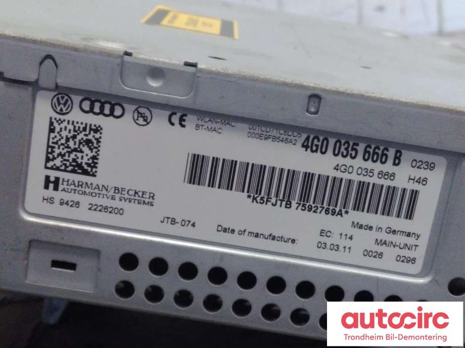 Bilstereo navigasjon spiller til Audi A7 2010-2014 (Type I, Fase 1)  (HARMAN BECKER|4G0035666B|HS94262226200|4G0035666BX)