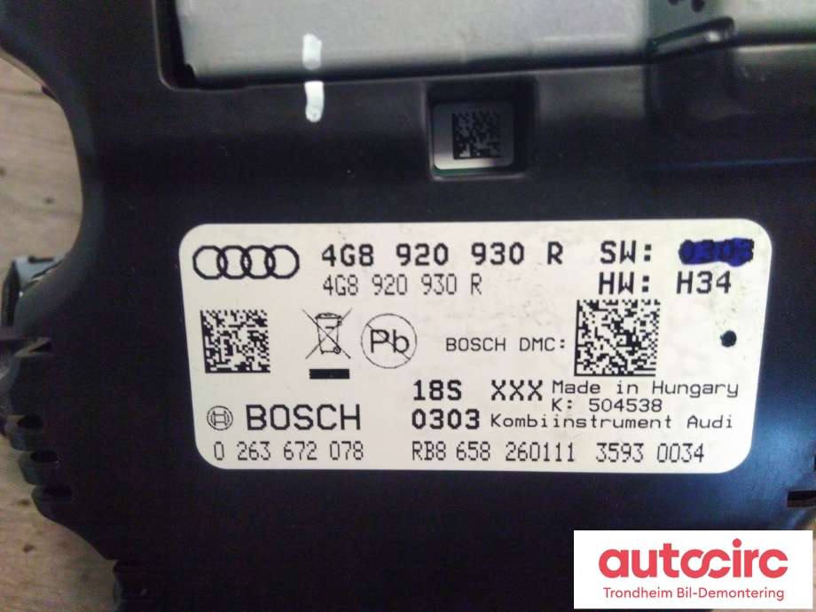 Instrumentpanel til Audi A7 2010-2014 (Type I, Fase 1)  (BOSCH|4G8920930R|0263672078|4G8920931GX)