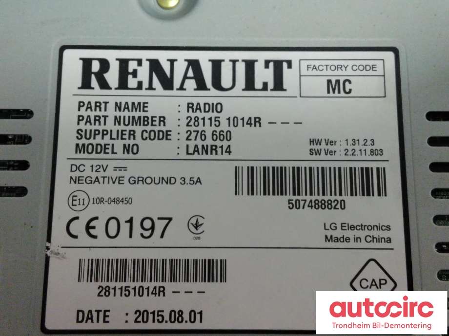 Bilstereo navigasjon til Renault Kadjar 2015-->>  (..|281151014R|281151797R|)