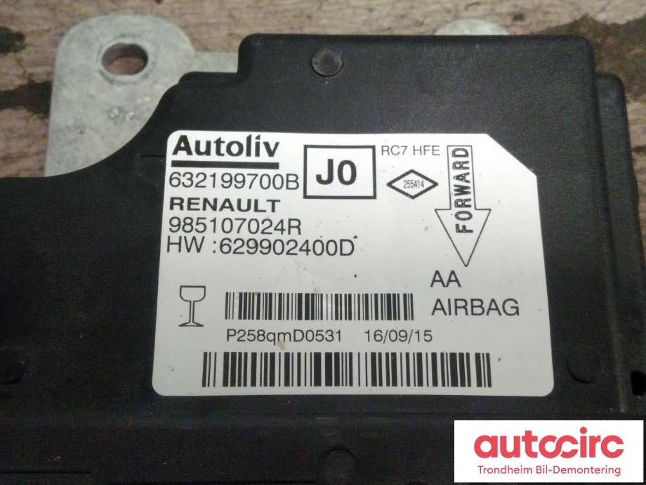 Styreenhet airbag hovedsensor til Renault Kadjar 2015-->>  (AUTOLIV|985107024R|985100781R|632199700B| 629902400D| 628288100)