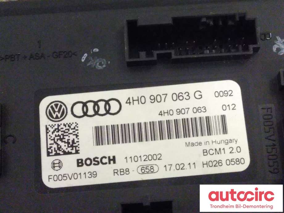Styreenhet comfort (BCM) til Audi A7 2010-2014 (Type I, Fase 1)  (BOSCH|4H0907063G|4H0907063CG|F005V01139)