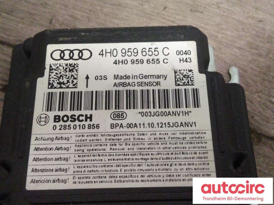 Styreenhet airbag hovedsensor til Audi A7 2010-2014 (Type I, Fase 1)  (BOSCH|4H0959655C|0285010856|)