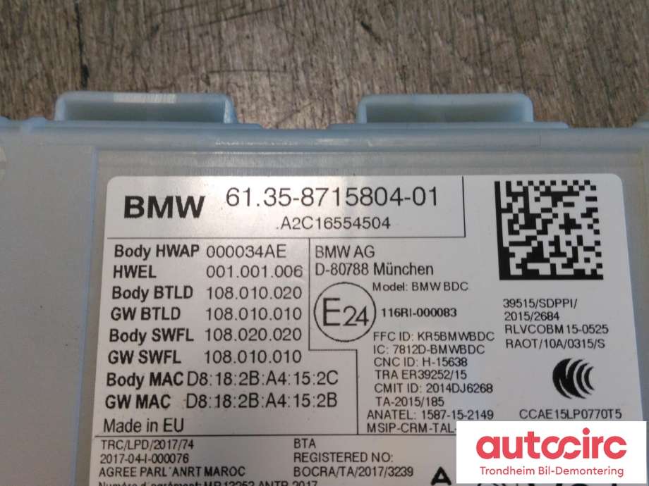 Styreenhet comfort (BCM) til BMW 5-Serie 2017-->> (G30/G31) (G30/G31) (CONTINENTAL|61358715804|A2C16554504|)