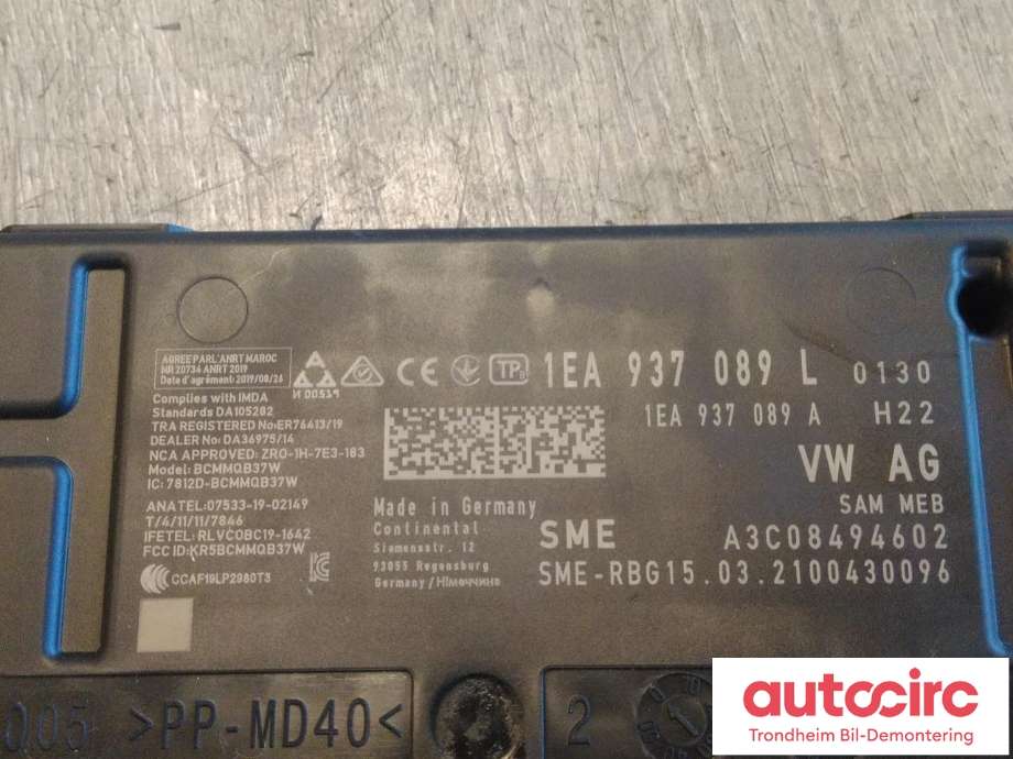 Styreenhet comfort (BCM) til Škoda Enyaq 2021-->> (CONTINENTAL|1EA937089L|1EA 937 089 L|A3C08494602)