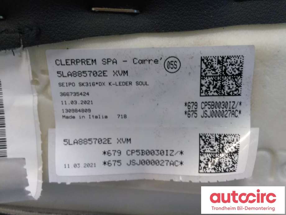 Airbag sidepute høyre til Škoda Enyaq 2021-->>  (BAK|5LA885702E XVM|5LA885702M XVM|)