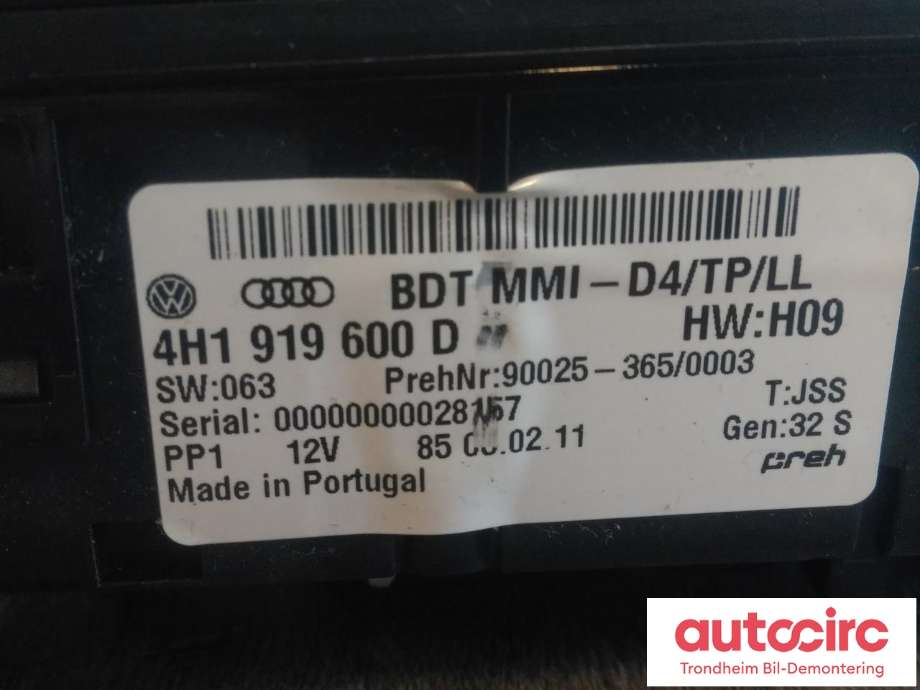 Bilstereo navigasjon betjeningspanel til Audi A8 2010-2013 (Type III, Fase 1)  (PREH|4H1919600D|4H1919600M|90025-365)