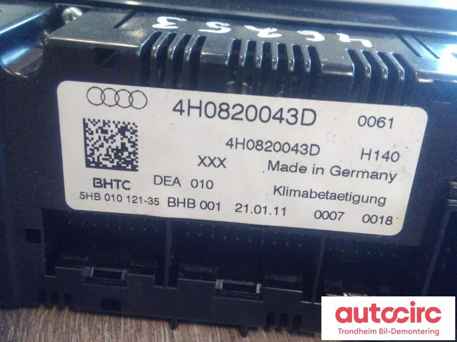 Varmeapparat betjening til Audi A8 2010-2013 (Type III, Fase 1)  (BHTC|4H0820043D|4H0820043G|5HB010121-35)
