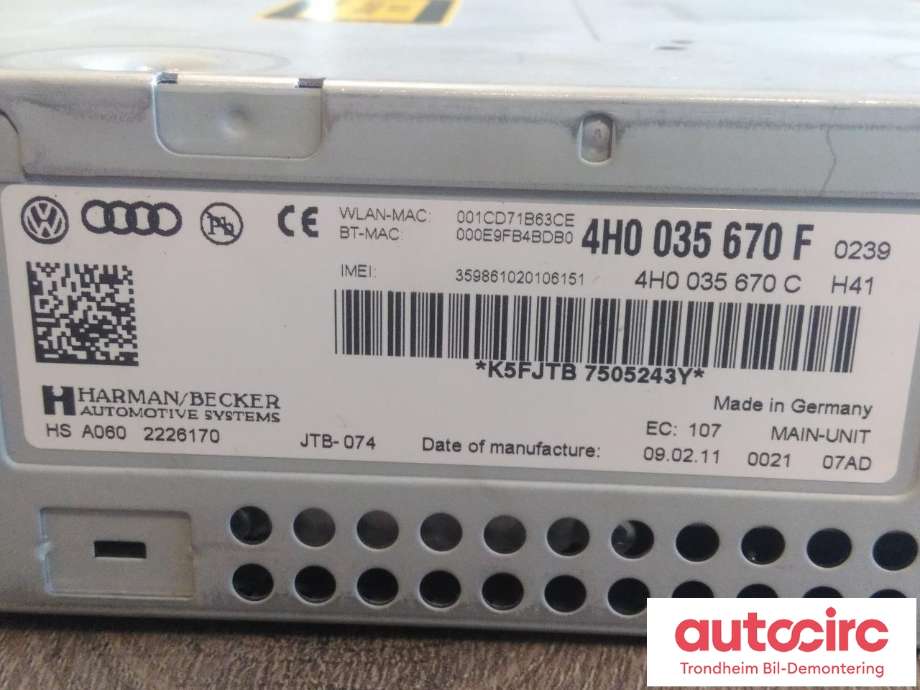 Bilstereo navigasjon til Audi A8 2010-2013 (Type III, Fase 1)  (HARMAN BECKER MULTIMEDIA|4H0035670F|4H0035670C|4H0035670FX| 4H0035670P)