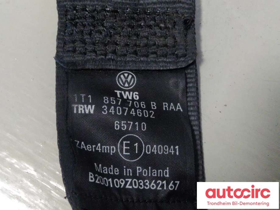 Sikkerhetsbelte foran høyre til VW Touran 2007-2010 (Type I, Fase 2) (TRW|1T1857706B|1T1 857 706 B|34074602)