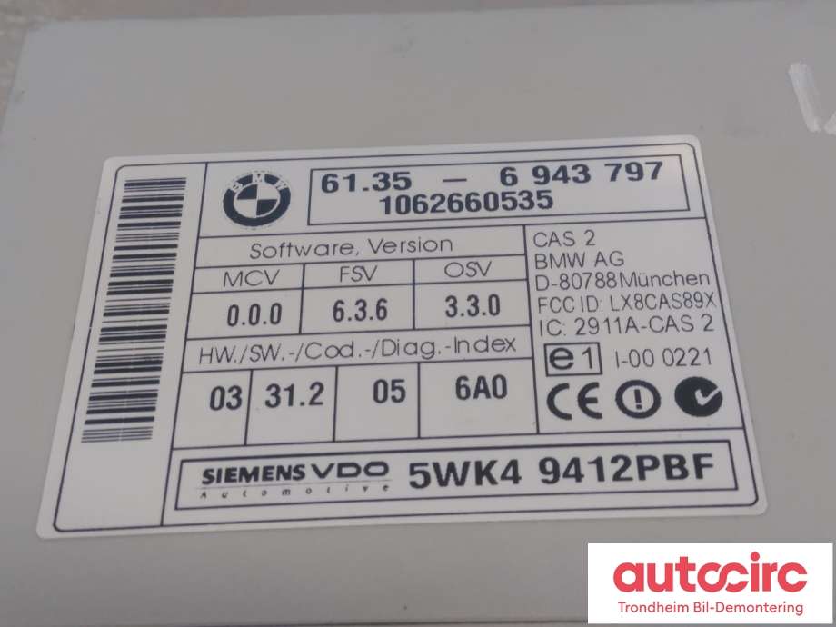 Styreenhet diverse til BMW M5 2005-2010 (E60) (E60) (SIEMENS VDO|6943797|61359395657|61 35 9 395 657| 61.35-6943797| 5WK49412PBF)