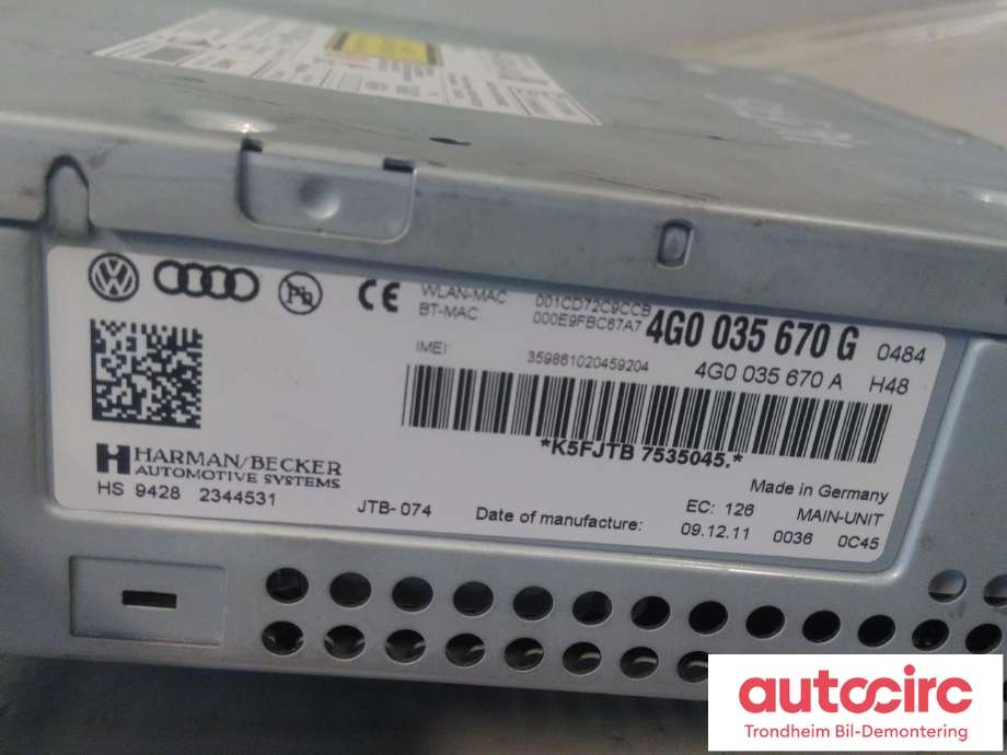 Bilstereo navigasjon spiller til Audi A6 2011-2014 (Type IV, Fase 1) (C7) (C7) (HARMAN/BECKER|4G0035670G|4G0035670A|)