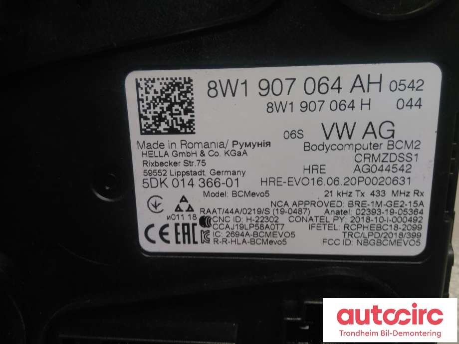 Styreenhet comfort (BCM) til Audi e-tron 2018-->>  (HELLA|8W1907064AH|8W1907064BH|8W1 907 064 BH| 5DK014366-01)