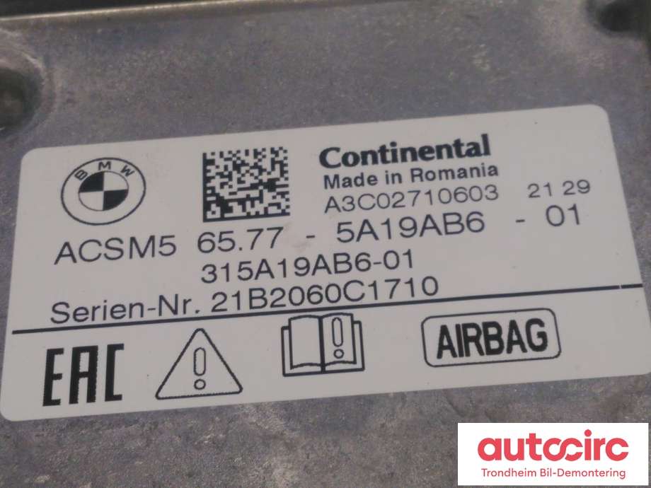 Styreenhet airbag hovedsensor til BMW iX3 2021-->>  (CONTINENTAL|5A19AB6|65775A19AB6|65775A1FC39| 65 77 5 A19 AB6| 65 77 5 A1F C39| 65.77-5A19AB6-01| A3C02710603)