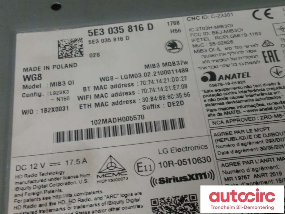 Bilstereo navigasjon til Škoda Octavia 2020-->> (Type IV)  (LG ELECTRONICS|5E3035816D|5E3 035 816 D|)
