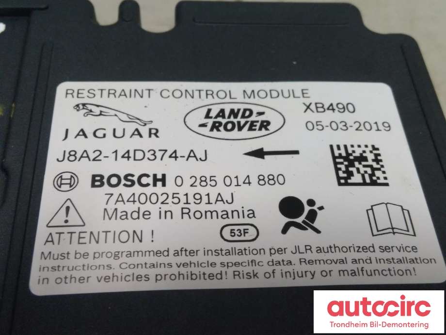 Styreenhet airbag hovedsensor til Jaguar I-PACE 2018-->>  (BOSCH|J8A2-14D374-AJ|T2H41525|J8A214D374AJ| T4N30832| LX7314D374AC| 0285014880)