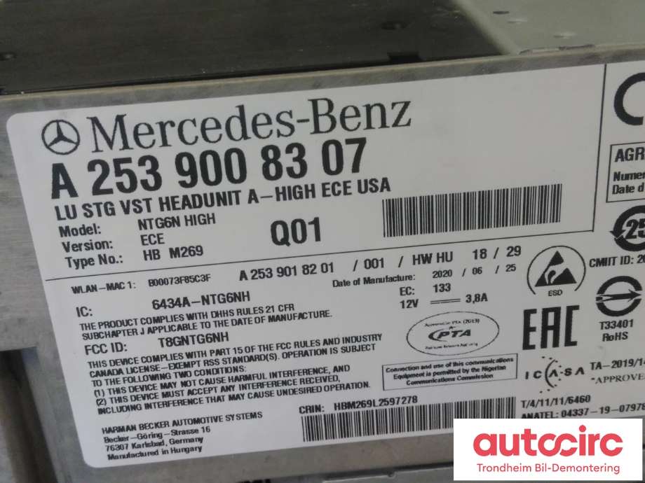 Bilstereo navigasjon til Mercedes EQC 2019-->>  (HARMAN BECKER|A2539000108|A2539008307|A2539003908| NTG6NHIGH)