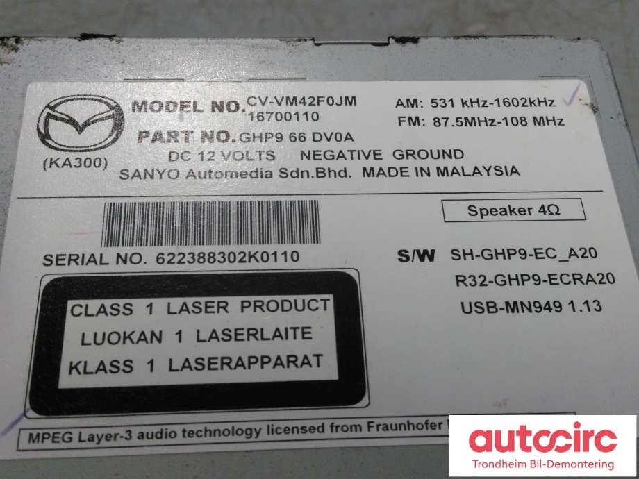 Bilstereo navigasjon til Mazda 6 2013-2015 (Type III, Fase 1)  (SANYO AUTOMEDIA|GHP9-66-DV0A|GHP966DV0A|CV-VM42F0JM)