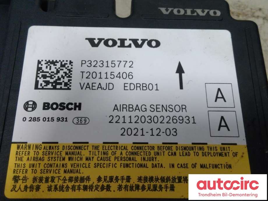 Styreenhet airbag hovedsensor til Polestar 2 2020-->>  (BOSCH|32315772|0285015931|)