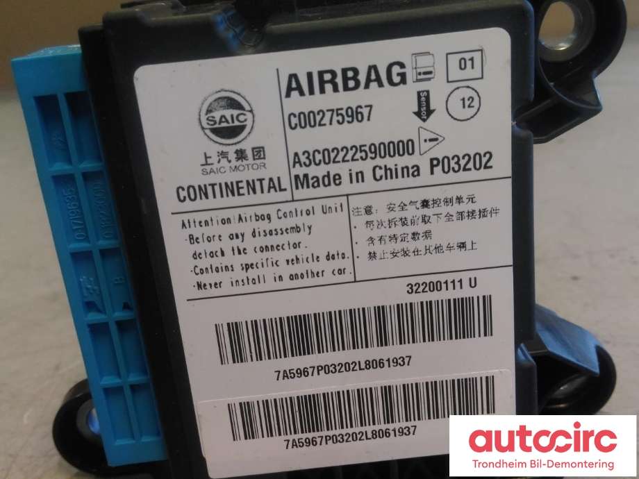 Styreenhet airbag hovedsensor til Maxus Euniq 5 2019-2023  (CONTINENTAL|C00275967|A3C0222590000|)