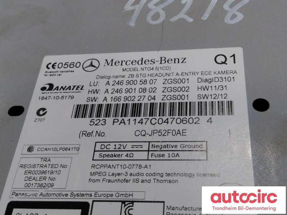 Bilstereo navigasjon til Mercedes A-Klasse 2012-2018 (W176) (W176) (PANASONIC AUTOMOTIVE|A2469005807|A2469006810|A2469008710| A2469000616| CQ-JP52F0AE)