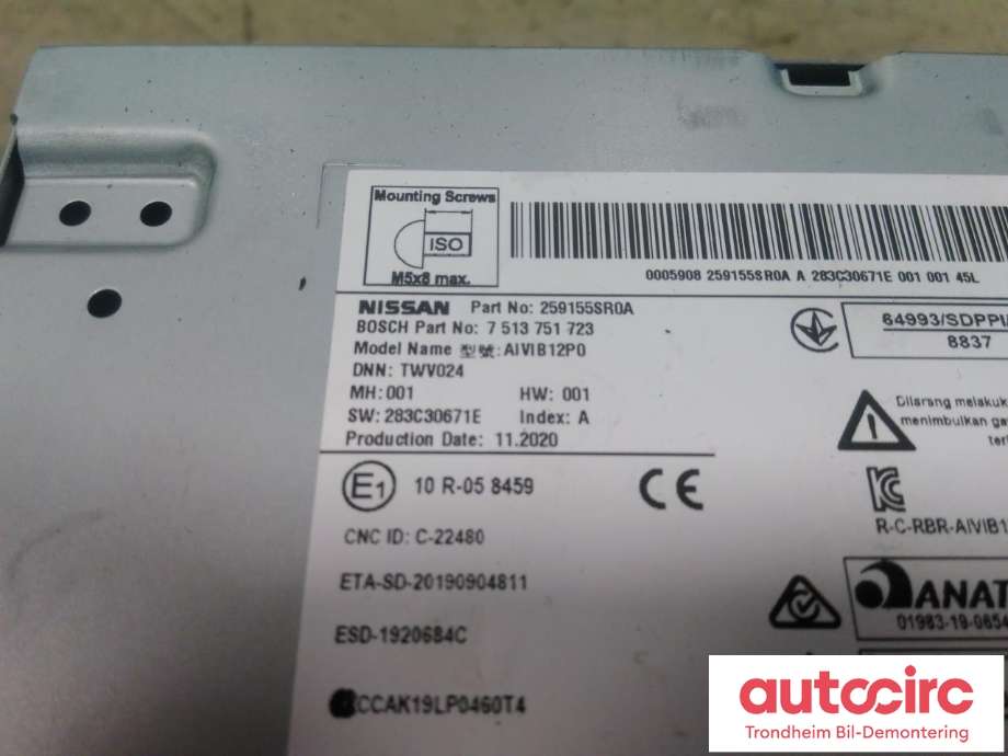 Bilstereo navigasjon til Nissan Leaf 2018-->> (Type II)  (BOSCH|259155SR0A|259155SR0D|)