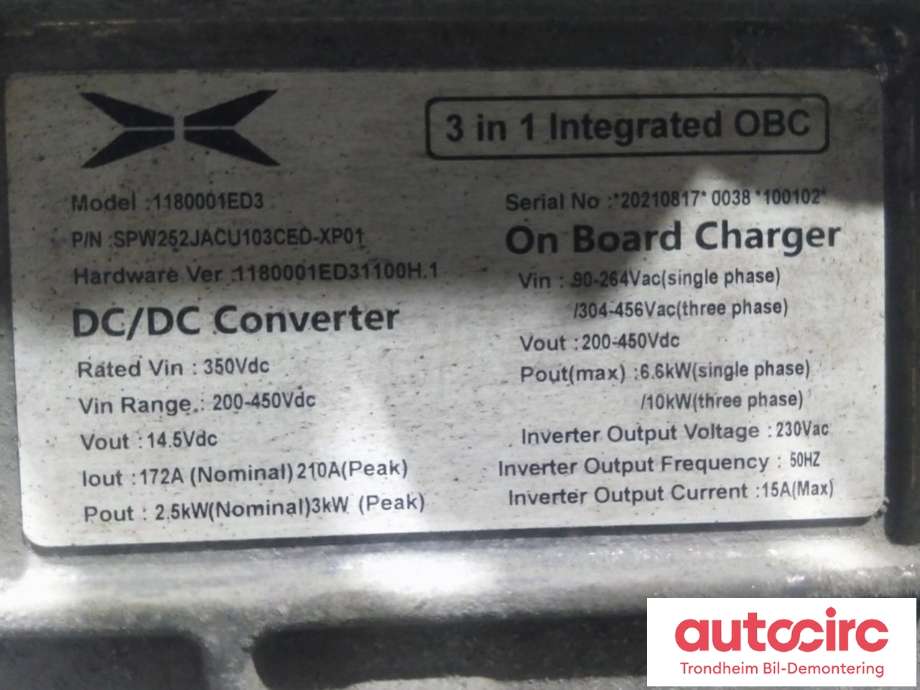 Batterilader (OBC - On Board Charger) til XPeng P7 2021-->>  (XPENG|SPW252JACU103CE0-XP01|)