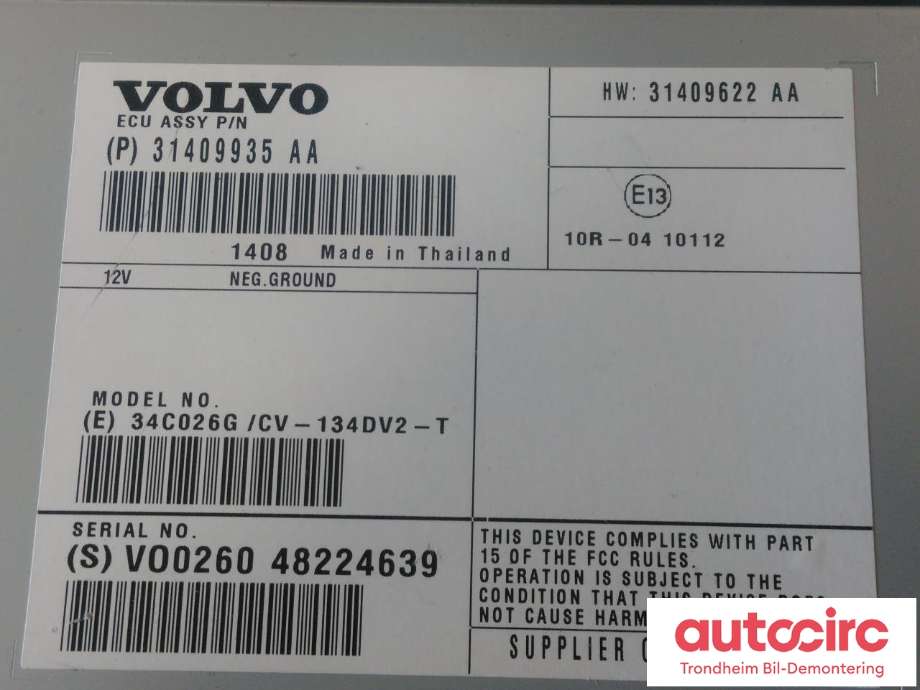 Bilstereo forsterker til Volvo V60/V60 CC 2013-2018 (Type I, Fase 2)  (..|31409935|36011362|31409622)
