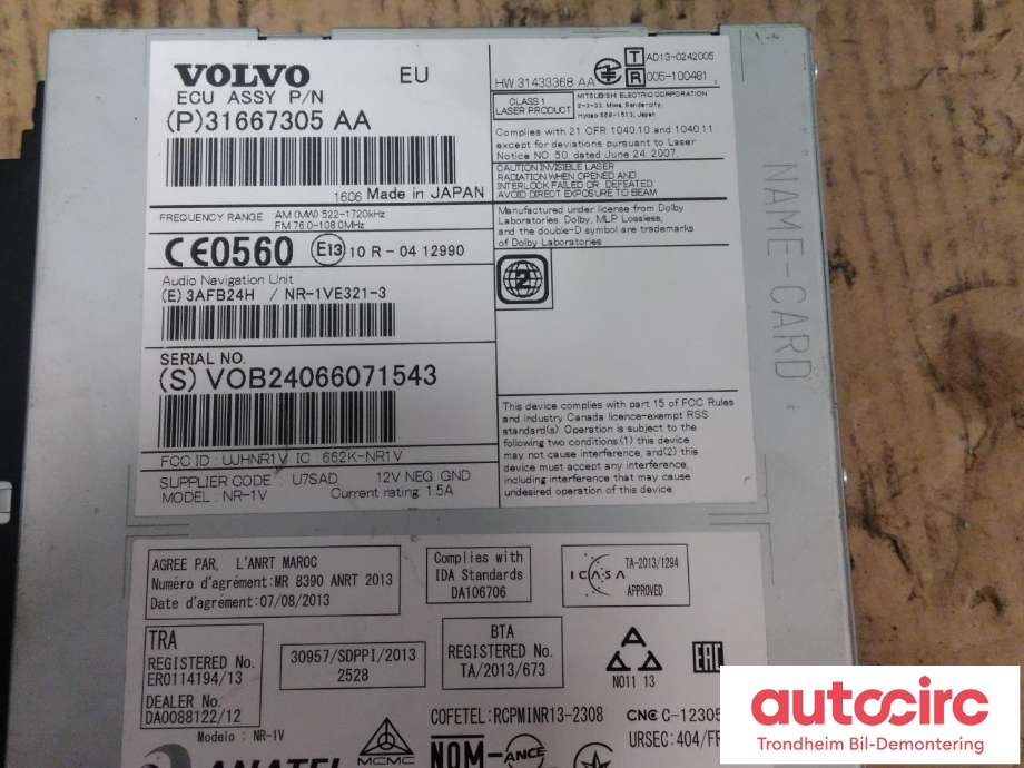 Bilstereo navigasjon til Volvo XC60 2014-2017 (Type I, Fase 2) (..|31667305|36050657|NR-1VE321-3)