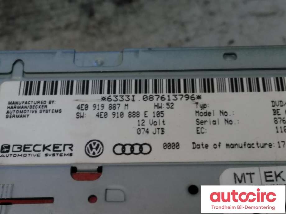 Bilstereo navigasjon spiller til Audi A4 2007-2014 (Type IV) (B8) (B8) (BECKER|4E0919887M|4E0910888PX|4E0910888P)