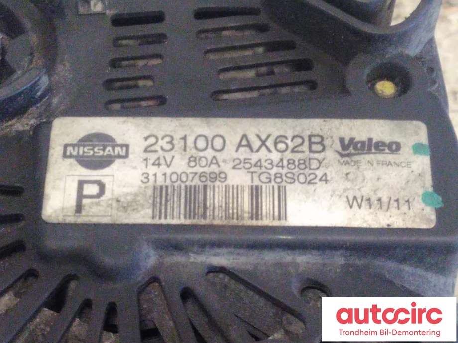 Dynamo til Nissan Note 2006-2013 (Type I)  (VALEO|23100 AX62B|23100AX62B|TG8S024)